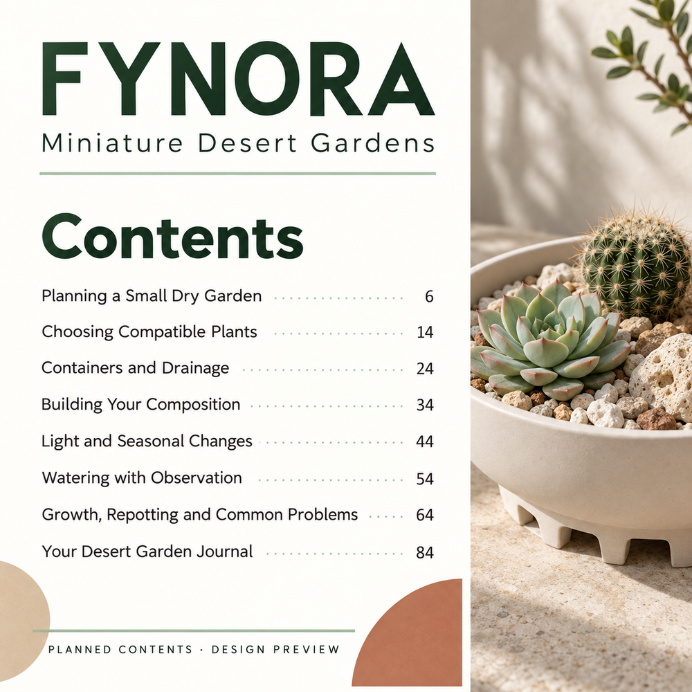 Miniature Desert Gardens &mdash; contents design preview. Full text transcript provided alongside.