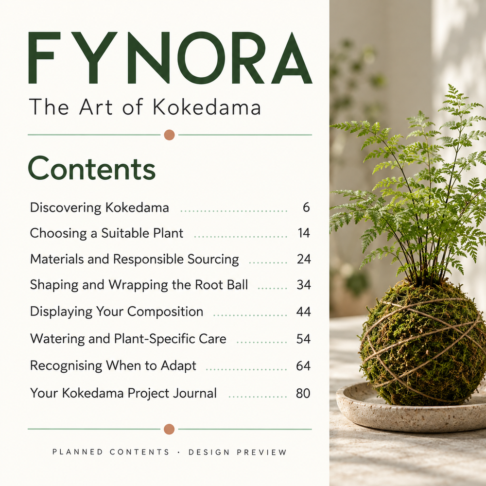 The Art of Kokedama &mdash; contents design preview. Full text transcript provided alongside.
