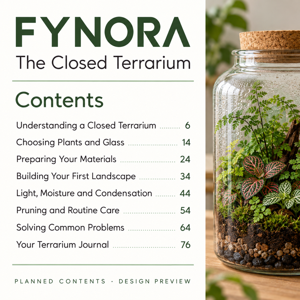 The Closed Terrarium &mdash; contents design preview. Full text transcript provided alongside.